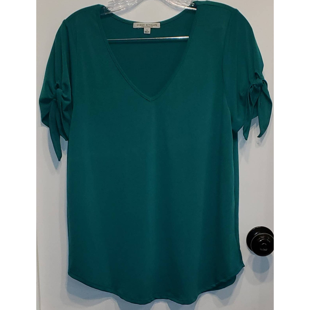 Green Envelope Teal V-Neck Blouse with Tie Sleeve Detail
